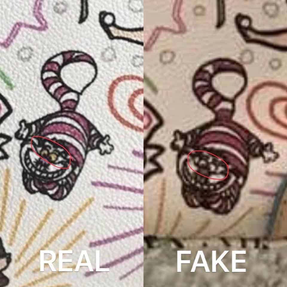 Real vs. Fake White Sketch Cheshire Cat Differences