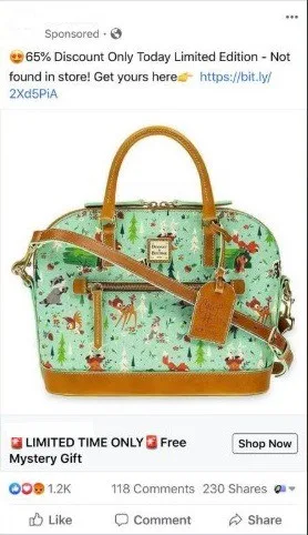 Example of a Facebook scam ad for Bambi Dooney and Bourke Bags