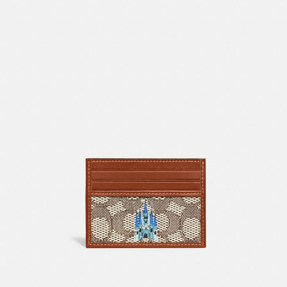Disney X Coach Card Case In Signature Textile Jacquard With Castle Embroidery