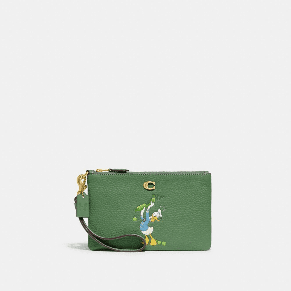 Disney X Coach Small Wristlet In Regenerative Leather With Donald Duck